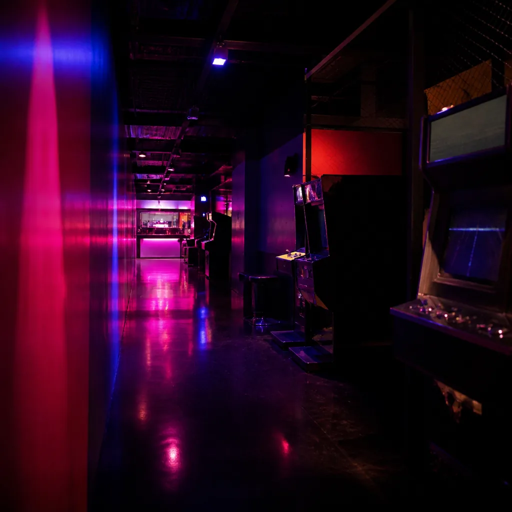 Pasillo del salón bañado en neón magenta y azul