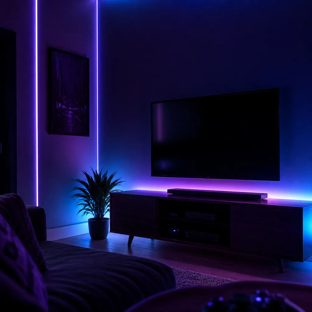 Rincón de consolas con luz neón violeta y cian