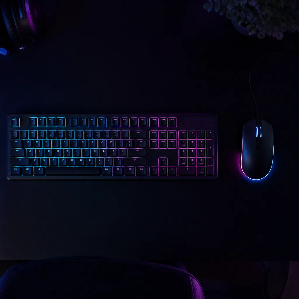 Teclado y mouse gamer con luz cian y magenta sobre escritorio oscuro