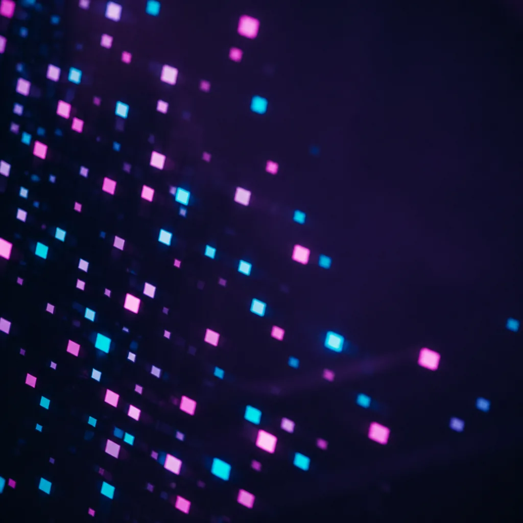 Luces tipo píxel en rosa y cian sobre fondo violeta